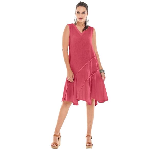 Oh My Gauze! Tabasco Dress Watermelon Pink Sleeveless Swing Ruffle Lagenlook S - Picture 1 of 9
